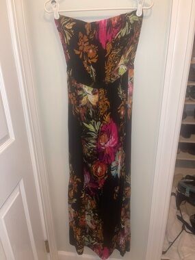 Xhilaration Black Strapless Floral Maxi Dress with Pink & Orange Blooms